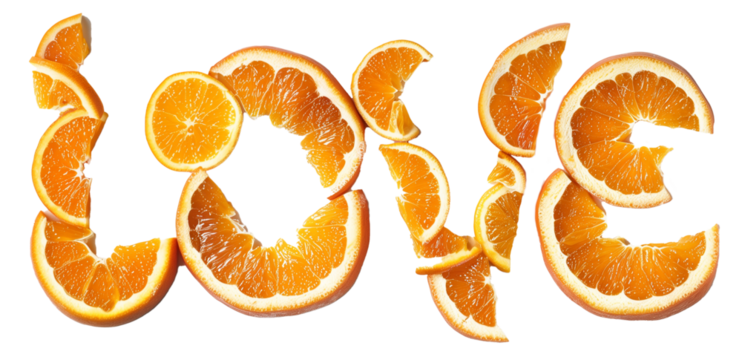 The word Love made with fresh orange fruit slices, Fun summer lettering design concept isolated on transparent | Generative AI