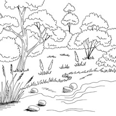 Forest river graphic black white landscape sketch illustration vector 