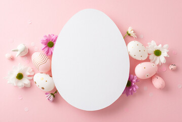 Fashionable Easter display image. Top view angle of eggs, vivid chrysanthemums, ceramic bunny, and confetti on a pastel pink ground with blank egg-shaped cutout for wording or promotions