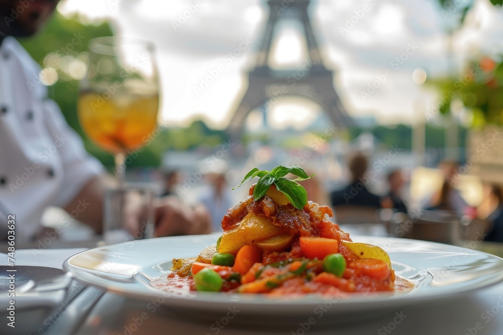 Wall mural parisian culinary journey: chef presents ratatouille, a burst of colors and flavors, amidst the maje - Wall murals