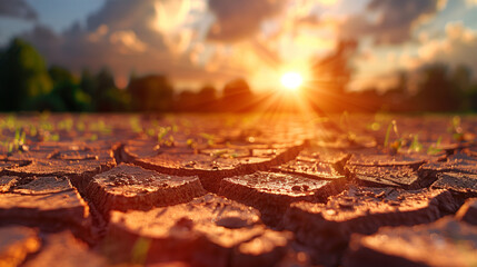 Dry cracked earth with sunbeams on sunset sky background. - obrazy, fototapety, plakaty