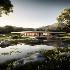 Aesthetically Pleasing Visual Representation of a Modern and Minimalist Building Enveloped by Verdant Landscape