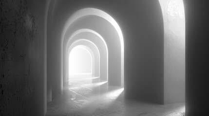 An arch inside a wall with a light coming from it.