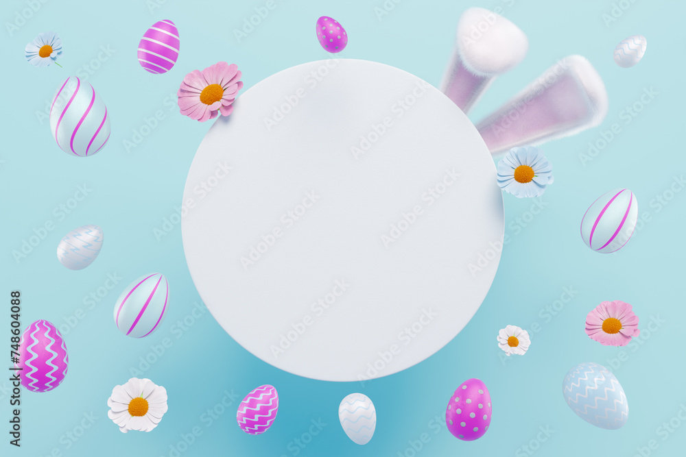 Poster easter composition.eggs bunny ears flowers circle with place for text. 3d rendering