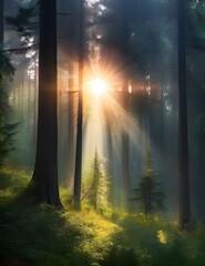 Forest sun beautiful view nature background magic rays Generative AI