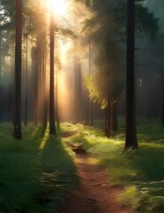 Fototapeta na wymiar Forest sun beautiful view nature background magic rays Generative AI