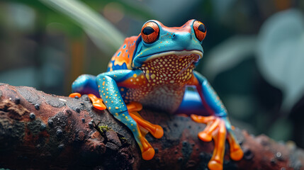 Colorful frog on a branch in the forest close up view. generative ai 