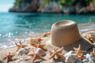 Hat on the sand by the sea, summer background, selective focus