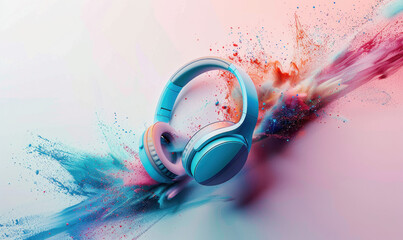 levitating wireless headphones and color splash with empty space - obrazy, fototapety, plakaty