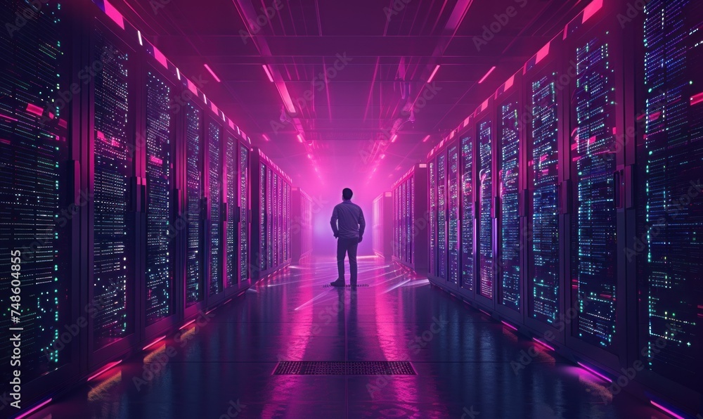 Poster chief technical director of a large data center among the servers through which information digitiza