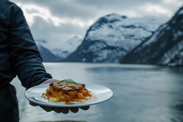 Fjordside Feast: Chef Presents Pinnekjøtt, a Time-Honored Norwegian Easter Specialty, Set Against the Dramatic Backdrop of Norway's Magnificent Fjords. - obrazy, fototapety, plakaty