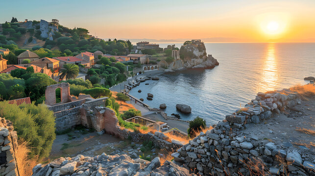 A historic coastal town, with ancient ruins overlooking the sea as the background, during golden hour