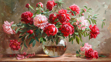Obraz na płótnie Canvas Bouquet of peony flowers, red color in glass vase.