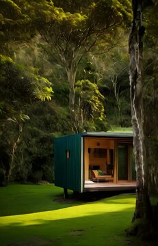 A quaint little minimalist cabin standing in the rainforest of Gondwana.