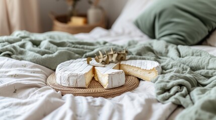 a couple of pieces of cheese sitting on top of a bed next to a tray of cheese on top of a bed.