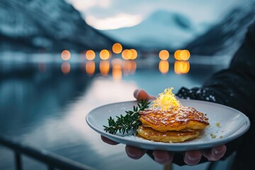 Swedish Comfort: Culinary Journey as Chef Presents the Homemade Goodness of Raggmunk Potato Pancake to Taste with the Beautiful Lake on Background.