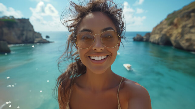 Happy attractive tanned woman taking selfie shot and smiling to camera on amazing sea view. Summer holiday concept for tourism, vacation at the beach