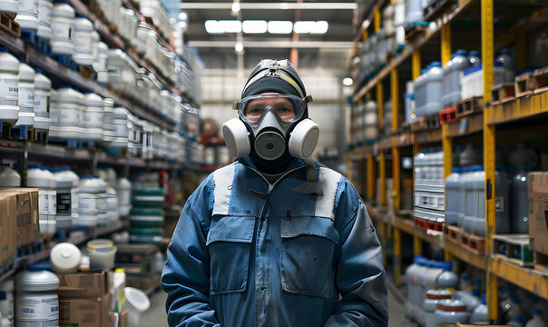 Worker of modern factory or distribution warehouse wearing respirator