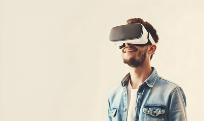 Young handsome man using vr glasses on isolated background