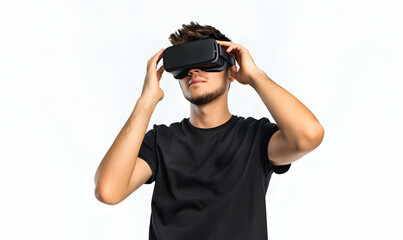 Young handsome man using vr glasses on isolated background