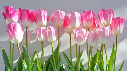 a group of pink and white tulips in front of a white wall with green leaves in the foreground.