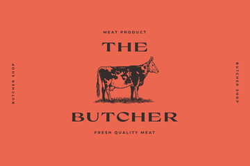 Logo template with cow silhouette. Butcher shops emblem. The image can be used for packaging design, restaurant menu, market design. Vector illustration. © KOSIM