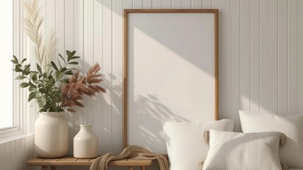 Simple minimalist vertical wooden frame mockup stand near white pillow with decoration dry grass and eucalyptus leaves in a white vase over wooden table