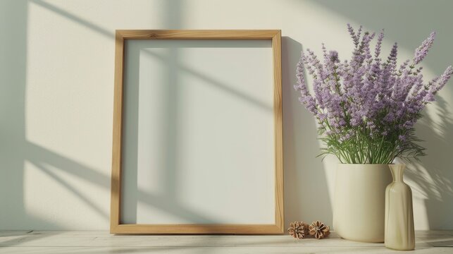 Blank wooden photo frame mock-up near a lavender flower in a round white vase over wood floor against a white wall. 3D mockup frame