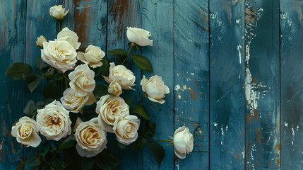 Bouquet of white roses on old blue paint.