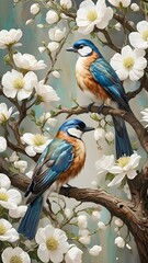 Two birds on a tree with white flowers. Vertical oil painting, blue background, printable interior wall art.