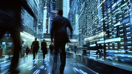 Business people in motion against a backdrop of glowing stock market screens, symbolizing economy, finance, and the fast-paced business world.