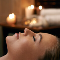 Woman, spa and relax with luxury, closeup and peace with wellness and bokeh. Person, skincare and...