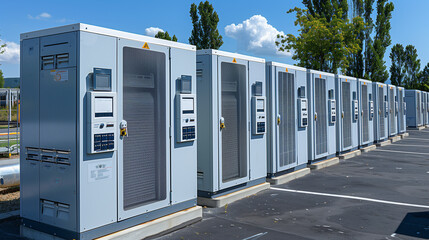 energy storage systems. A row of power supply cabinets in a row on a parking lot