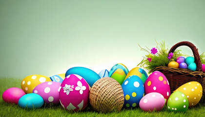 Fototapeta na wymiar Easter coloured background with eggs, flowers, green grass and copyspace