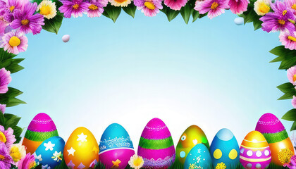 Fototapeta na wymiar Easter coloured background with eggs, flowers, green grass and copyspace