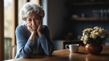 Serious older woman in depression with bewildered thoughts in her mind. Depression, loneliness and mental health concept.