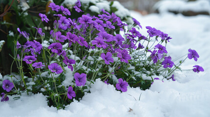 Bush purple flowers under the snow