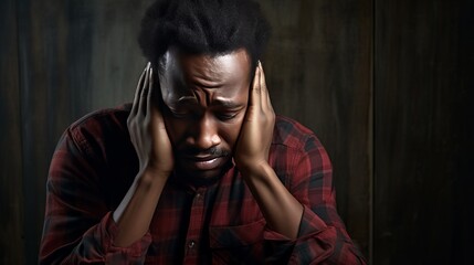 Depressed black skin man with head bowed. Depression, loneliness and mental health concept.