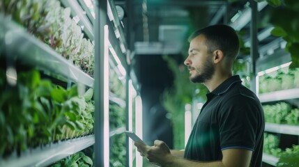 Naklejka premium Agricultural technician in indoor farm using tablet, showcasing modern agriculture and technology integration
