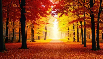 Poster Autumn landscape with many orange, yellow trees © Михаил Таратонов