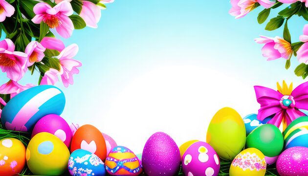 Easter coloured blue background with eggs, flowers, green grass and copyspace