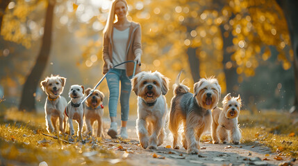 Professional dog walker with a pack of small dogs on leashes enjoying a sunny autumn day in the park. Pet care services concept with vibrant fall colors and copy space for design