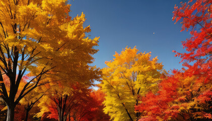 Autumn landscape with many orange, yellow trees