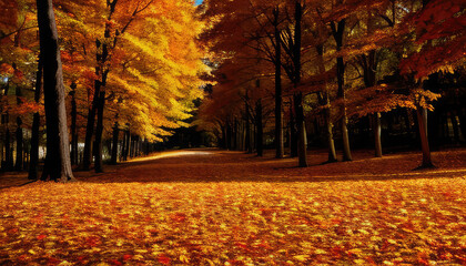 Autumn landscape with many orange, yellow trees