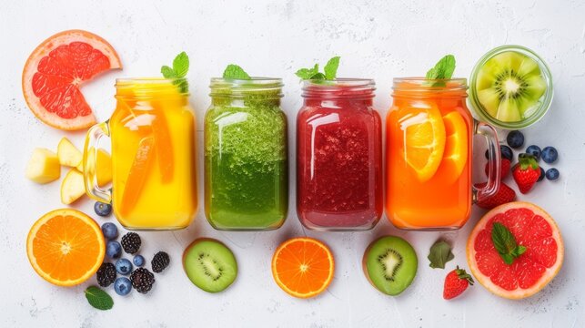 Array of colorful fresh fruit smoothies with ingredients, ideal for healthy lifestyle and diet concepts.