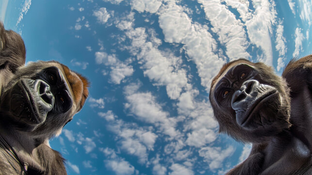 Bottom view of a gorillas against the sky. An unusual look at animals. Animal looking at camera