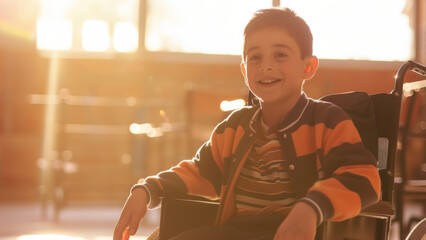 A cheerful boy enjoys the golden hour sun, seated happily in a chair.