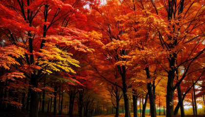 Autumn landscape with many orange, yellow trees
