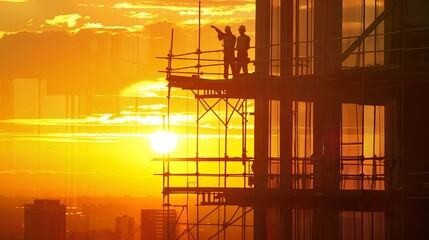 construction workers are on the top of the skyscraper during sunrise, in the style of golden light