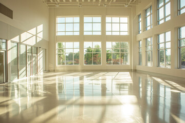 An empty space filled with light from large windows.